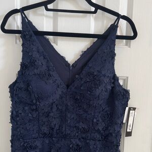 NWT Xscape Navy Lace  Dress w/ Navy Fabric Flowers Throughout